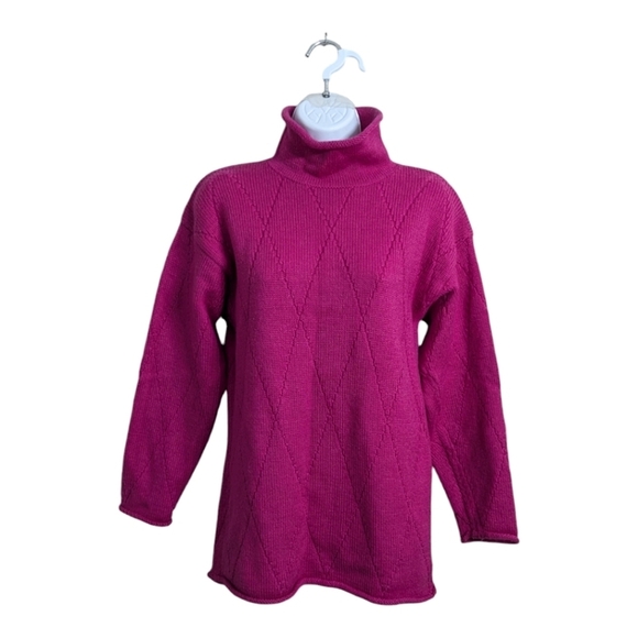 J.Crew Woman 100% Wool Fuchsia Pullover Turtleneck Diamond Knit Sweater S - Picture 1 of 9